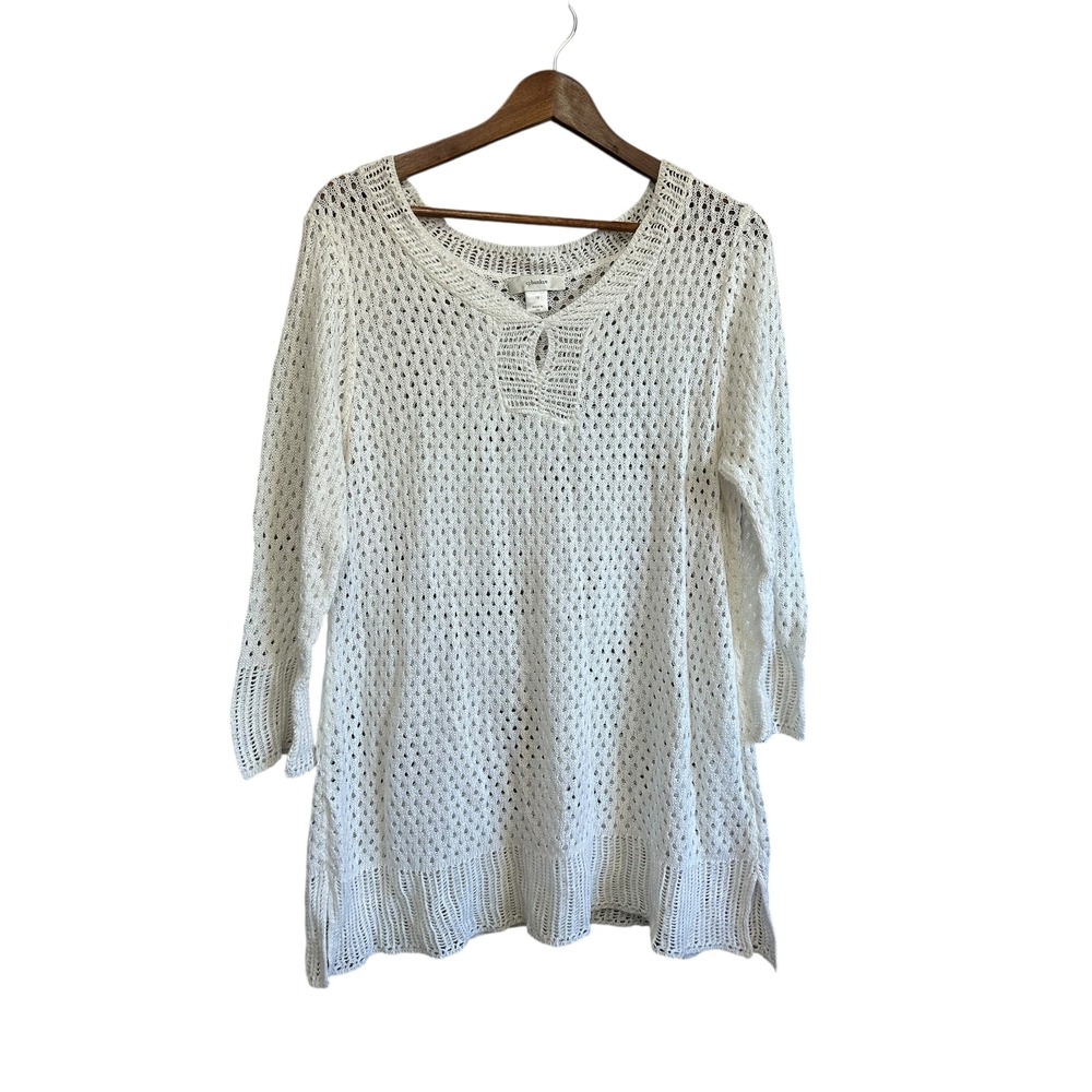 CJ Banks White Crochet Knit Tunic Top 1X 3/4 Sleeve Mesh Beach Cover‎ Up
